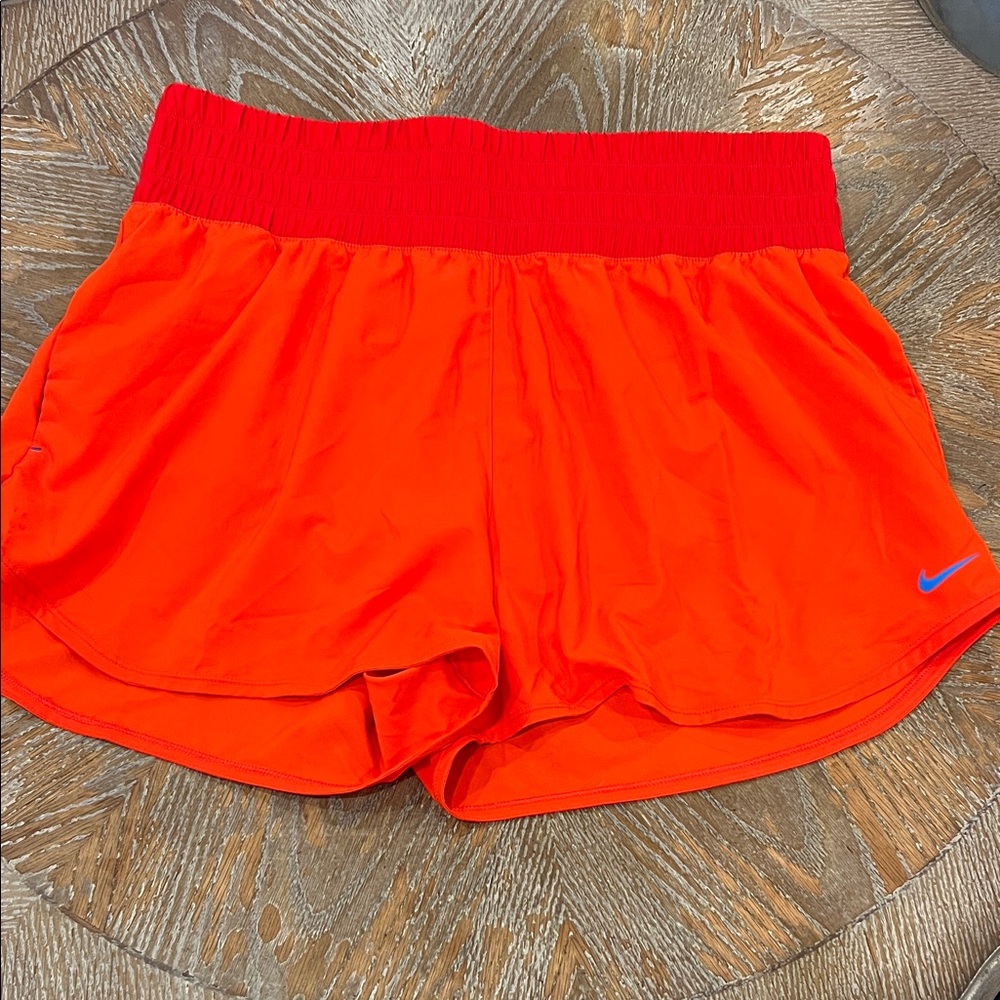 Nike Women's Bright Orange Running Shorts with Red Waistband